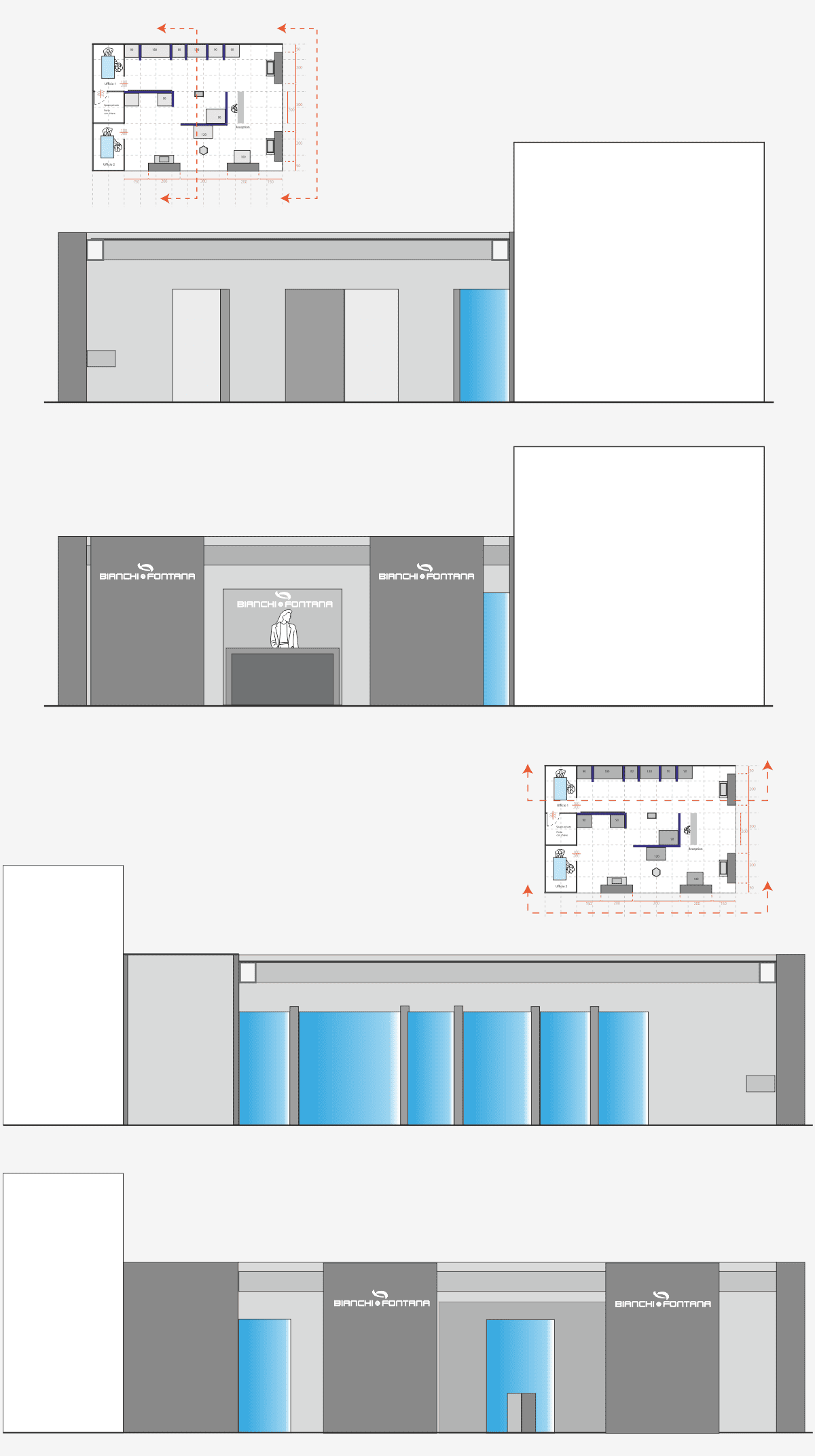 L'immagine raffigura un caso reale di allestimento fieristico: il progetto di allestimento stand Bianchi & Fontana progettato per Salone del Mobile e Salone del Bagno di Milano. In particolare, nell'imagine si vedono in particolare le planimetrie, le sezioni ed i prospetti della struttura architettonica progettata per lo stand